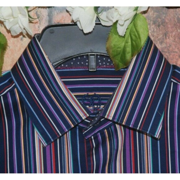 Mens BUGATCHI UOMO L Colorful Striped Contrast Cuff Dress Shirt Classic Cotton - Picture 3 of 10